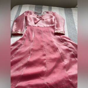 Pink Satin Long-Sleeve A-Line Dress